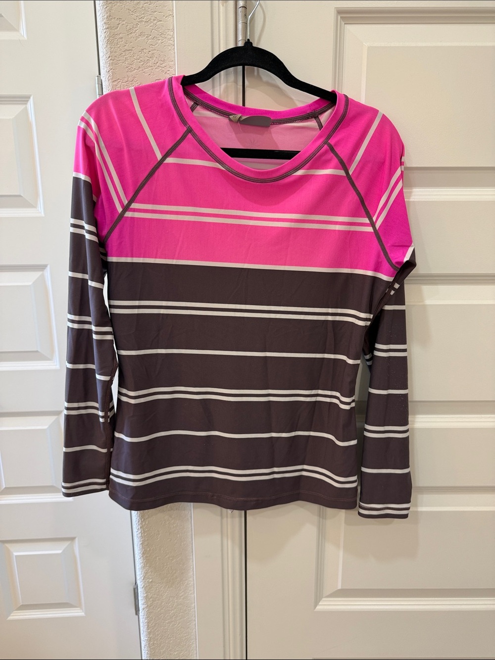 Athleta Hot Pink & Cream Striped Workout Tank with Gray Trim
